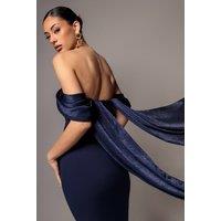 Goddiva Women's Off Shoulder Velvet Satin Wing Cape Maxi Dress in Navy | Size: 10