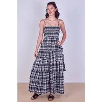 ELAINA FASHION Women's Tiered Check Maxi Dress in Black