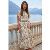Roman Women's Animal Print Split Sleeve Midi Dress in Cream | Size: 16
