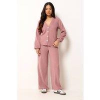 PixieGirl Women's Petite Ribbed Cardigan & Wide Leg Trousers Set in Pink | Size: 12