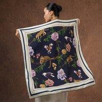 Silk and Bears Women's Navy Jungle Animal Print Silk Wool Square Scarf - Luxury Wrap, Hand-Rolled Edges, Heritage Gift | Size: 10-12R