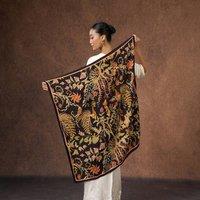 Silk and Bears Women's Phoenix Garden Silk-Wool Square Scarf - Luxury Printed Wrap, Heritage Art Gift in Black