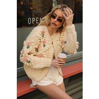 CY Women's Hand Knitted Textured Floral Cardigan In Cream | Size: S/M