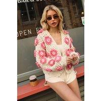 CY Women's Hand Knitted Statement Crochet Flower Cardigan in Cream