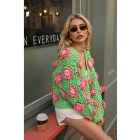 CY Women's Hand Knitted Statement Crochet Flower Cardigan in Green