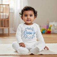 Aye Do Gifts Girl's Personalised Blue Flower Baby Outfit: Baby Grow in White | Size: 0-3 m