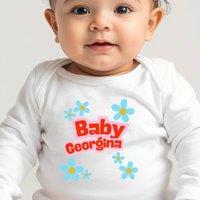 Aye Do Gifts Personalised Blue Daisy Name Baby Outfit - Baby Grow in White | Size: 0-3 m