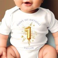 Aye Do Gifts Personalised 1st Birthday Gold Balloon Baby Outfit: Vest in White | Size: 0-3 m