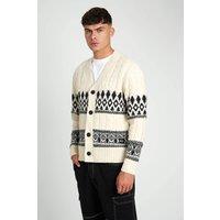 Native Youth Men's Cable Knit Fairisle V-Neck Button Long Sleeve Cardigan in Off-White | Size: Medium