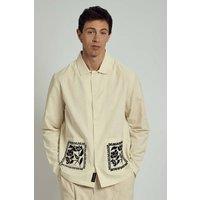 Native Youth Men's Long Sleeve Embroidered Cotton Linen Overshirt in Cream | Size: Medium