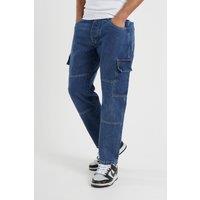 Brave Soul Men's Loose Fit Cargo Style Denim Jeans in Mid Blue | Size: 30R