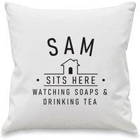 Personalised Memento Company Personalised ...Sits Here Cushion in White | Size: 40 cm x 40 cm