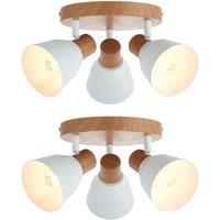 First Choice Lighting Set of 2 Lorel - Matt White & Wood Detail 3 Way Ceiling Spotlights