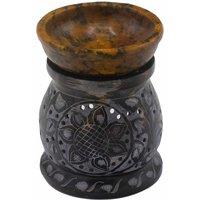 KDMD Soapstone Oil Burner 10cm - Mandala Flower - Black & Yellow