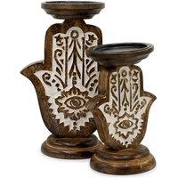 Serenityy Mango Wood Candle Stand - Hamsa Carved - Small in Natural