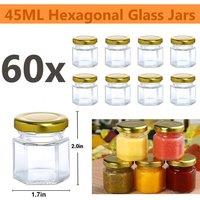 ATEK 60Pc Hexagonal Glass Jars 48PCS 45ML Mini Mason Jars with Airtight Gold Metal Lid Small Glass Storage Jars for Preserves Pickles in Clear