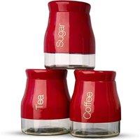 ATEK Set of 3 Kitchen Storage Canister - Glass Coffee Jars with Screw Lid Food Containers, Multipurpose Tea Sugar & Coffee Glass Jar in Red