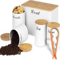 ATEK 6 Pcs Bread Bin Sugar Tea Canister Set with Can Opener, Biscuit Barrel Round Jar for Tea, Sugar, Coffee, Bread with Air Tight in White
