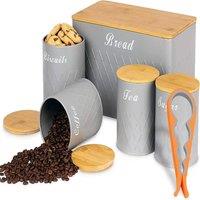 ATEK 5Pcs Bread Bin Sugar Tea Canister Set Can Opener, Tea Coffee Sugar grey