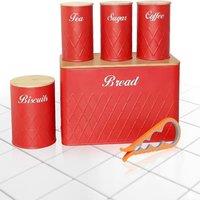 ATEK 5Pcs Bread Bin Sugar Tea Canister Set Can Opener Tea Coffee Sugar Red