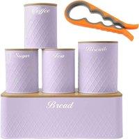 ATEK 5x Bread Bin Sugar Tea Canister Set Can Opener Tea Coffee Sugar Purple