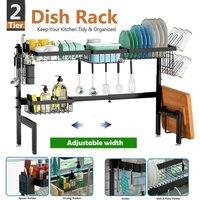 ATEK Over the Sink Dish Drying Rack, 2-Tier Expandable (26"- 33.5") Metal Steel Kitchen Drying Rack with Utensil Holders, Cutting Board in Black