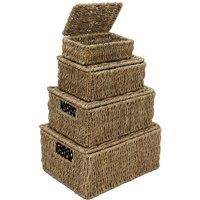 MANTRARAJ Seagrass Set of 4 Rectangular Lidded Storage Baskets Hamper Basket With Lid in Brown
