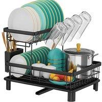 ATEK 2-Tier Dish Drainer Rack Space Saving Draining Board Rack Drip Tray in Black