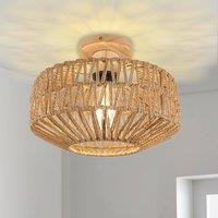 Pheashine Woven Rattan Ceiling Light, 30cm Drum, Wooden Base, E27, No Bulb in Brown