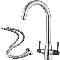 Heable Sleek Kitchen Mixer Tap Black Dual Lever Swivel Spout Chrome Finish in Silver