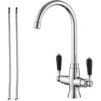 Heable Elegant Kitchen Sink Mixer Tap Black Ceramic Dual Lever Chrome in Silver