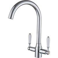 Heable Sleek Kitchen Mixer Tap White Ceramic Dual Lever Chrome Spout in Silver