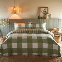 Portfolio Home Glenmore Check Brushed Cotton Striped Reversible Duvet Cover Set in Green | Size: Super King