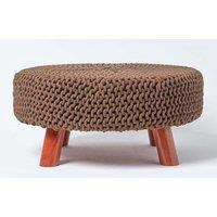 Homescapes Large Round Cotton Knitted Footstool on Legs in Chocolate