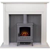 Adam Fires & Fireplaces Adam Florence Stove Fireplace in Pure White with Aviemore Electric Stove in Grey Enamel, 48 Inch