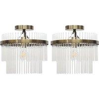 First Choice Lighting Set of 2 Georgia - Antique Brass with Glass Rods Flush Ceiling Lights in Bronze