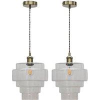 First Choice Lighting Set of 2 Benson - 5 Tier Glass & Antique Brass Ceiling Pendant Lights in Clear