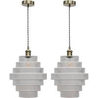 First Choice Lighting Set of 2 Benson - 7 Tier Glass & Antique Brass Ceiling Pendant Lights in Clear