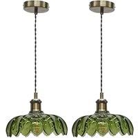 First Choice Lighting Set of 2 Alice - Green Leaf Pendant Shades with Antique Brass Flex Set
