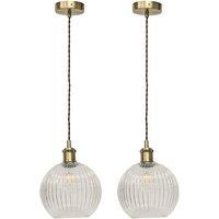 First Choice Lighting Set of 2 Betchley - Clear Ribbed Globe Antique Brass Light Fittings