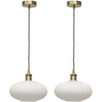 First Choice Lighting Set of 2 Baton - White Ribbed Oval Glass Antique Brass Retro Pendants