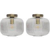First Choice Lighting Set of 2 Batley Large - Ribbed Glass Antique Brass Ceiling Lights in Clear