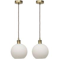 First Choice Lighting Set of 2 Betchley - White Ribbed Globe Antique Brass Retro Pendants