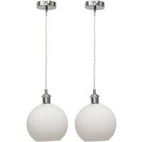 First Choice Lighting Set of 2 Betchley - White Ribbed Glass Globe Chrome Retro Pendants