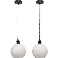 First Choice Lighting Set of 2 Betchley - White Ribbed Glass Globe Black Retro Pendants