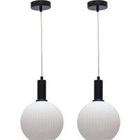 First Choice Lighting Set of 2 Betchley - White Ribbed Glass Globe Black Deco Pendants