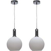 First Choice Lighting Set of 2 Betchley - White Ribbed Glass Globe Chrome Deco Pendants