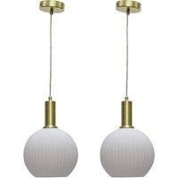 First Choice Lighting Set of 2 Betchley - White Ribbed Glass Globe Satin Brass Deco Pendants