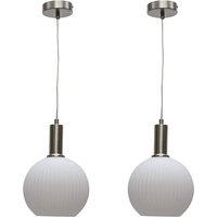 First Choice Lighting Set of 2 Betchley - White Ribbed Globe Satin Nickel Deco Pendants