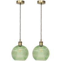 First Choice Lighting Set of 2 Betchley - Green Ribbed Globe Antique Brass Retro Pendants